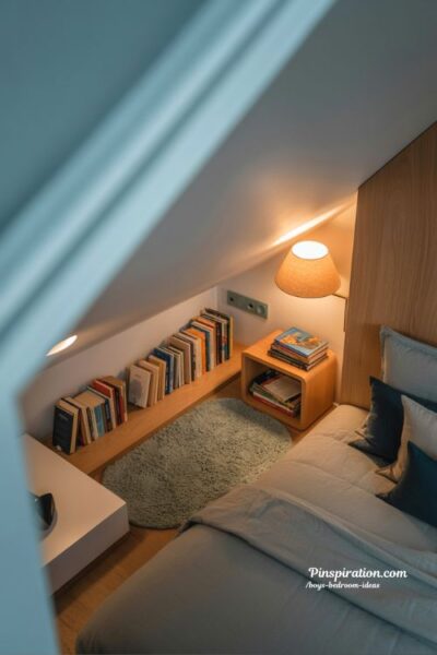 boys bedroom ideas with cozy reading nook corner and warm modern minimalist lighting design