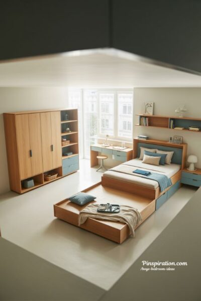 boys bedroom ideas with multi functional furniture and modern smart storage space saving design