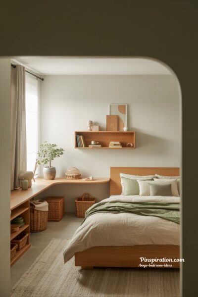 boys bedroom ideas with natural elements and warm wood tones for a calm modern space