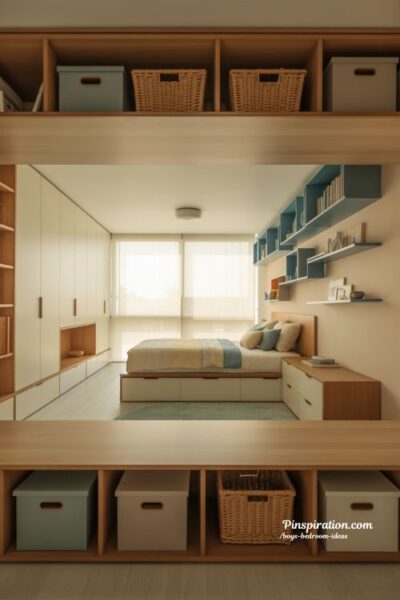 boys bedroom ideas with smart hidden storage solutions and clean modern minimalist organized design