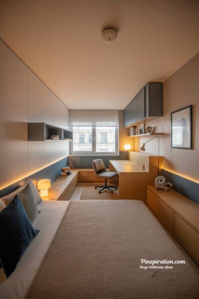 boys bedroom ideas with stylish layered lighting and modern cozy study room design
