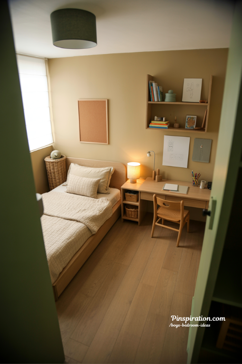 calm modern boys bedroom ideas with warm minimalist scandinavian design and cozy study space