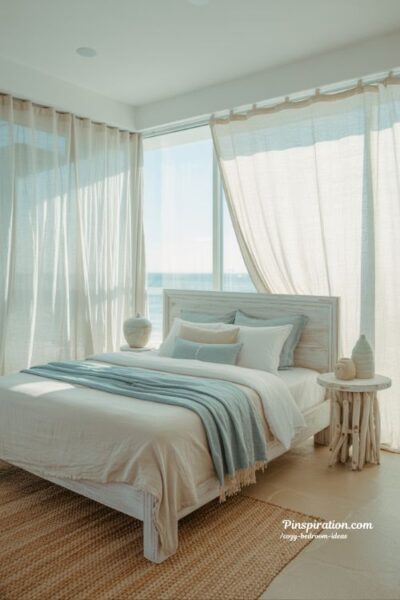coastal cozy bedroom ideas with soft blue tones and airy natural light