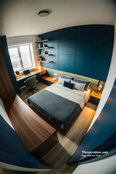 cool teen boys bedroom ideas with modern dark tones and zoned minimalist study and relax layout