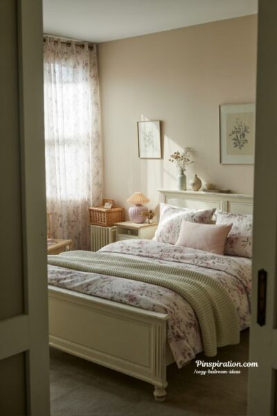 cottage cozy bedroom ideas with soft pastel tones and floral vintage charm