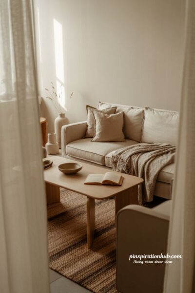 cozy neutral living room decor ideas for calm minimalist home with warm textures and soft natural lighting