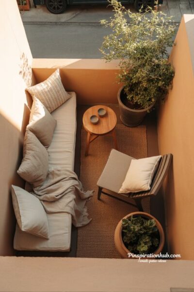 cozy small patio corner seating ideas with soft cushions and warm minimalist outdoor design