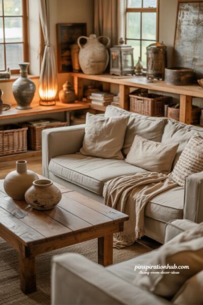 farmhouse living room decor ideas with warm rustic textures cozy neutral home interior inspiration