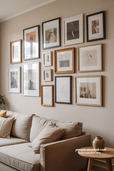 gallery wall living room decor ideas with personal photos and art cozy meaningful home interior inspiration
