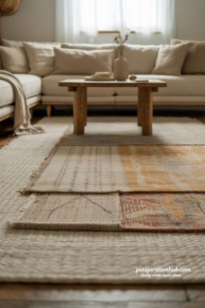 layered rug living room decor ideas for cozy textured interior with warm minimalist styling inspiration