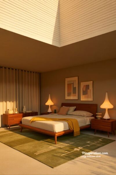 mid century cozy bedroom ideas with warm wood tones and retro minimalist style