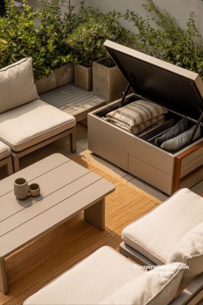 multi use small patio furniture ideas with storage bench and space saving outdoor design