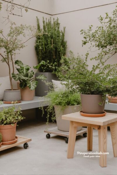 portable greenery small patio ideas with movable plants and flexible outdoor garden layout