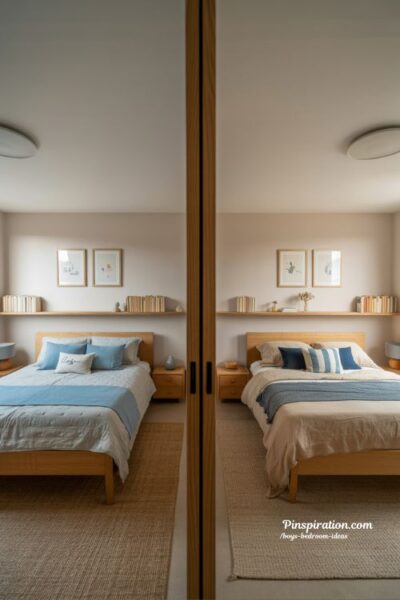 shared boys bedroom ideas with balanced modern symmetrical design and personal decor touches