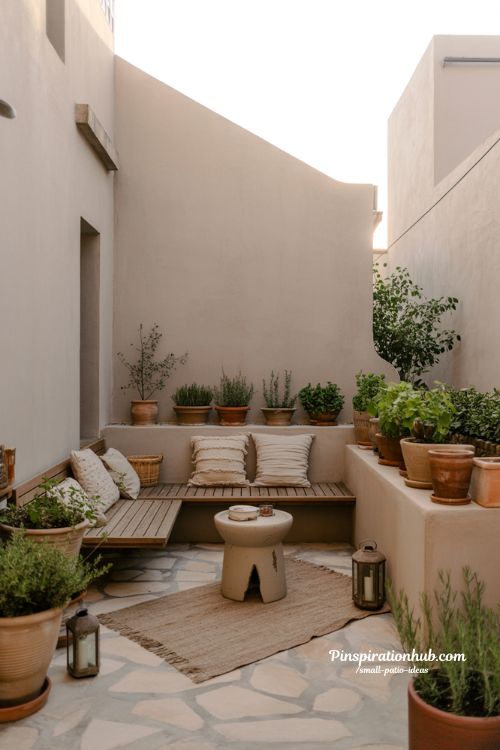 small cozy patio ideas with layered seating and warm rustic mediterranean outdoor design