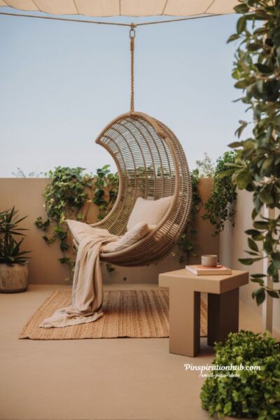 small patio hanging chair ideas with cozy rattan swing seat and boho outdoor relaxation corner