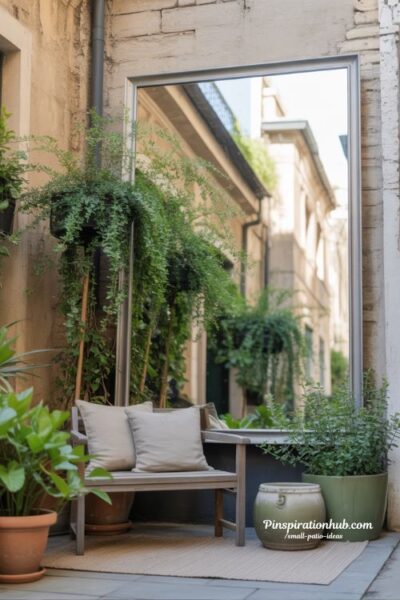 small patio mirror ideas for outdoor space expansion with reflective garden wall design