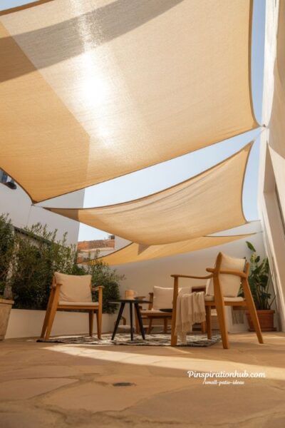 small patio shade ideas with outdoor umbrellas and fabric canopy sun protection design