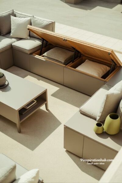 small patio storage ideas with outdoor bench seating and hidden organization design