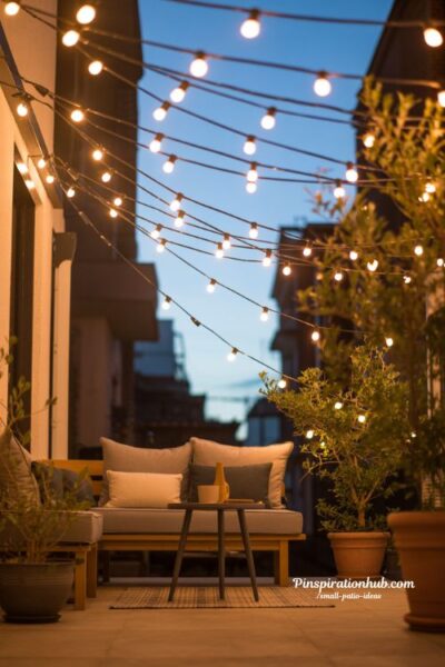 small patio string lights ideas with cozy outdoor evening lighting and warm boho glow design