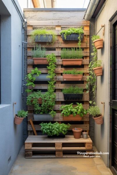 small patio vertical garden ideas with hanging plants and wooden wall planter greenery design