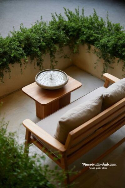 small patio water feature ideas with mini fountain and calming outdoor zen decor