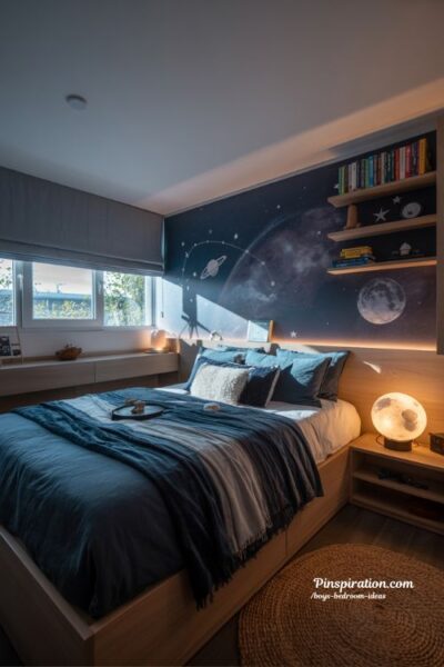 space themed boys bedroom ideas with cozy dark modern design and star inspired decor