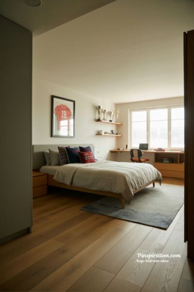sports themed boys bedroom ideas with subtle modern decor and clean minimalist jersey display design