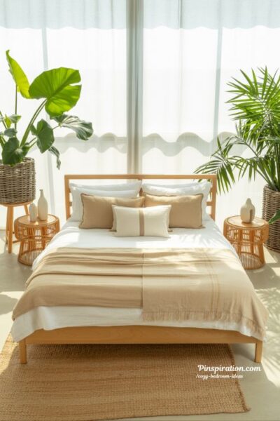 tropical cozy bedroom ideas with fresh greenery and airy natural textures
