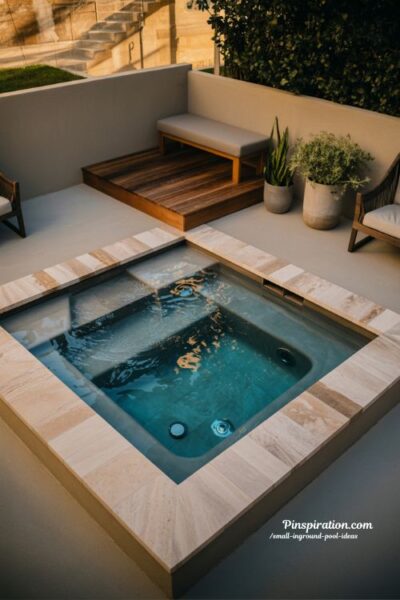 A cinematic overhead three-quarter wide-angle shot capturing a compact backyard inground pool with a built-in tanning ledge, designed as a slow summer retreat space where water, sun, and relaxation merge naturally in a small footprint. A thoughtfully designed small backyard pool featuring a wide shallow tanning ledge integrated seamlessly into the main pool structure, creating a multi-use relaxation zone within a compact layout. The ledge sits partially submerged, allowing for lounging, sitting, or placing a minimal in-water chaise, showing how small inground pool ideas can elevate everyday outdoor living into a resort-like experience even in limited space. Modern resort-inspired contemporary design with subtle coastal minimalism, focusing on comfort, simplicity, and soft architectural flow rather than ornate decoration. A warm, sun-washed color palette of soft beige limestone, pale sandy stone, muted warm gray concrete, light driftwood tones, and crystal-clear shallow aqua water that brightens beautifully under sunlight. Key props and details include a smooth integrated tanning ledge with shallow water transition, partially submerged minimalist lounge chair, clean stone pool coping with soft rounded edges, a small wooden side platform for towels and essentials, subtle built-in steps flowing into deeper water, and minimal greenery placed at the perimeter for a soft natural frame. Bright natural summer sunlight gently washing across the entire pool surface, creating sparkling reflections in the shallow water while keeping shadows soft and relaxed, evoking long slow afternoons and calm outdoor living. Mood and atmosphere translate into soft sunlit tones that feel warm and unhurried, smooth water textures that invite stillness and rest, and simple intentional design details that create a sense of effortless luxury, turning the space into a quiet personal resort for slow summer days. no people, no text, no watermarks, no blur, no bokeh, all surfaces in sharp focus, photorealistic, 4K resolution, editorial interior photography, Pinterest-worthy