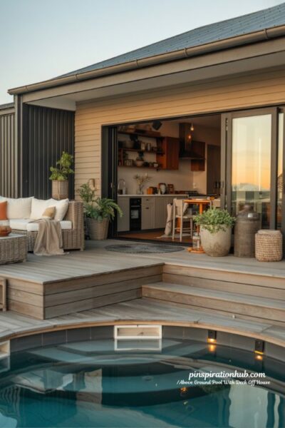 Above ground pool deck attached to house with seamless backyard flow