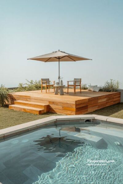 Above ground pool deck ideas with small partial deck and cozy functional backyard space