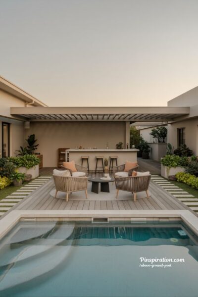 Above ground pool ideas for entertaining with deck seating shade and open backyard gathering space