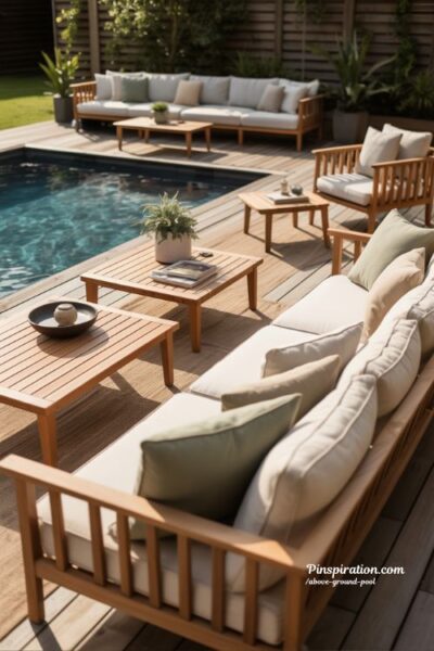 Above ground pool ideas with cozy seating and lounge area for relaxing backyard space