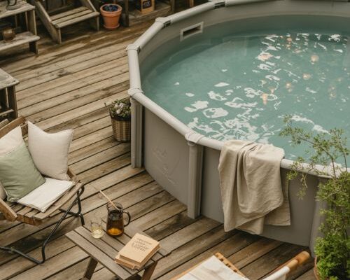Above ground pool ideas with cozy wooden deck and small backyard retreat vibe