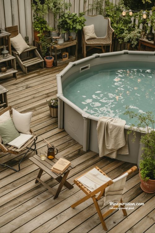 Above ground pool ideas with cozy wooden deck and small backyard retreat vibe