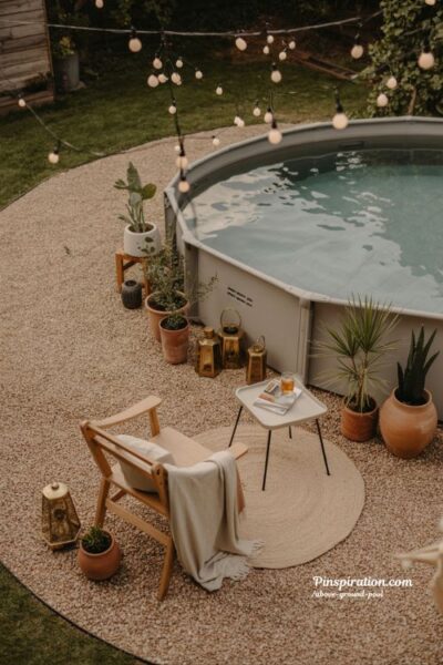Above ground pool ideas with gravel border warm lighting and cozy backyard oasis