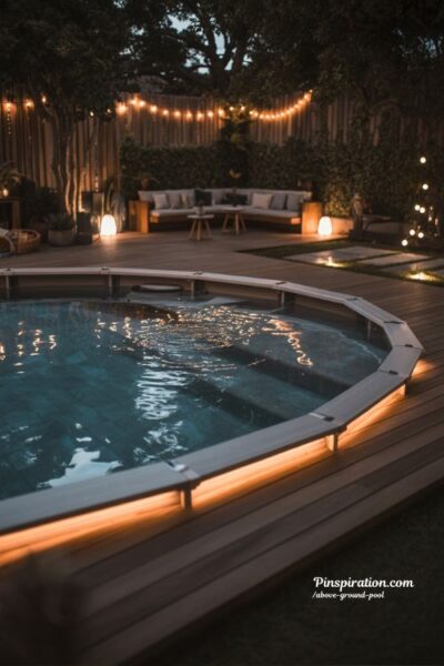 Above ground pool ideas with soft lighting and cozy nighttime backyard glow