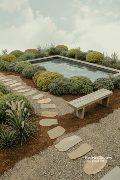 Above ground pool landscaping ideas with natural stone path and soft greenery blending backyard space