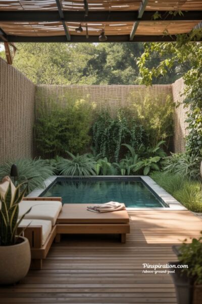 Above ground pool privacy ideas with tall plants and wooden fence for secluded backyard retreat