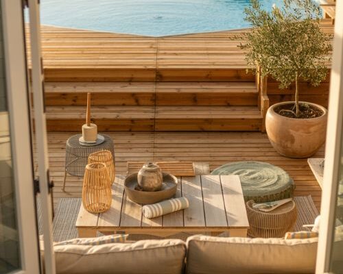 Above ground pool with attached deck off house backyard design inspiration