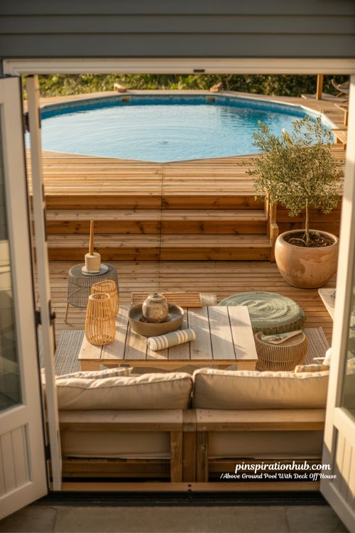 Above ground pool with attached deck off house backyard design inspiration