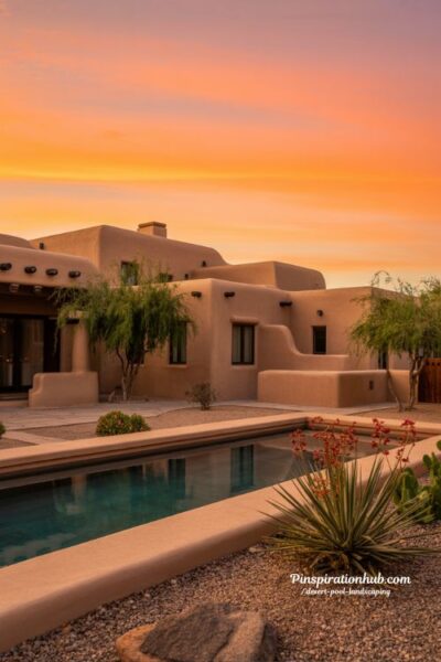 Adobe home desert pool at sunset with warm landscaping and flowering desert plants