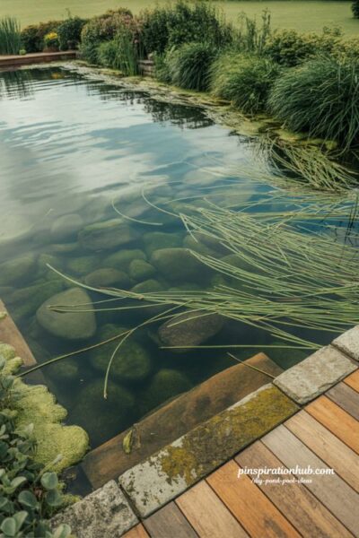 Algae balanced natural swimming pond ecosystem with dense planting diy pond pool ecological water garden design