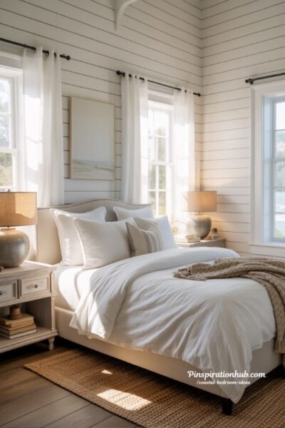All white coastal shiplap bedroom with driftwood furniture and jute rug