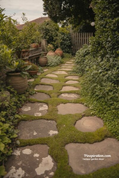 Antique garden stone pathway with mossy stepping stones and rustic greenery
