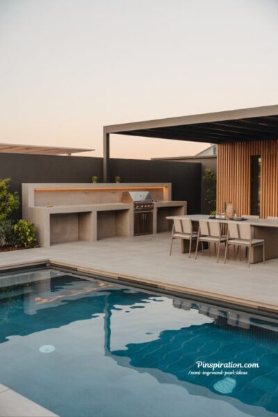 Backyard entertainment inground pool ideas with BBQ areas for modern outdoor dining and social gathering spaces