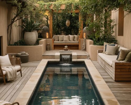 Backyard inground pool ideas with cozy modern outdoor retreat at sunset
