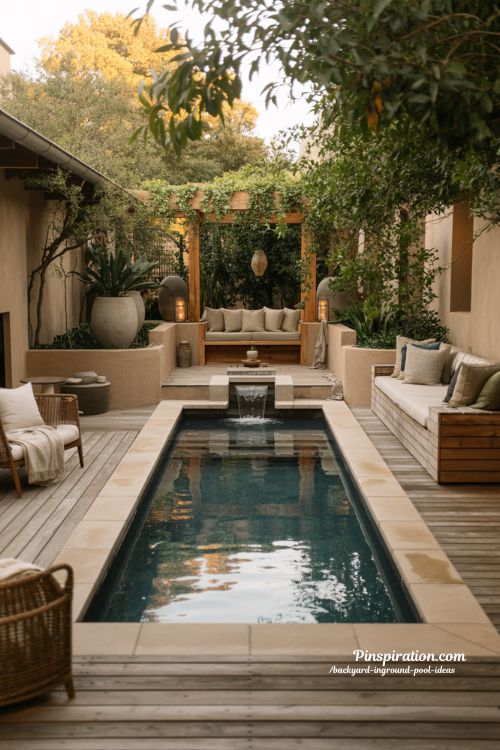 Backyard inground pool ideas with cozy modern outdoor retreat at sunset