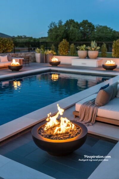 Backyard pool ideas with fire bowls and cozy modern nighttime retreat